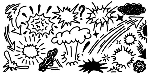 Comic boom effect. Cartoon vector bomb burst. Bang and pow splashes. Doodle smoke and speed energy lines.collection of Action crash hand drawn doodle.