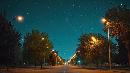 Fototapete Rund Starry night sky over a tree-lined avenue with streetlights. © sadewotito