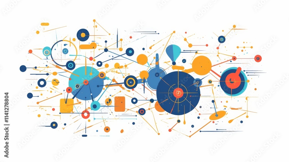 Poster geometric network graphic illustration featuring connected circles, representing innovation and futu