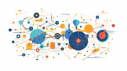 Obraz premium Geometric network graphic illustration featuring connected circles, representing innovation and future engineering elements in a flat design style.