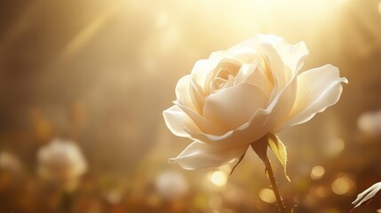 Obraz premium Serene Close-Up of a White Rose Bathed in Soft Golden Light, Capturing the Beauty of Nature in a Tranquil Setting Perfect for Floral Themes and Romantic Moods