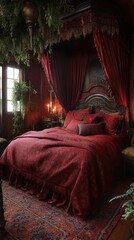 A cozy, richly decorated bedroom with a red theme and lush greenery.