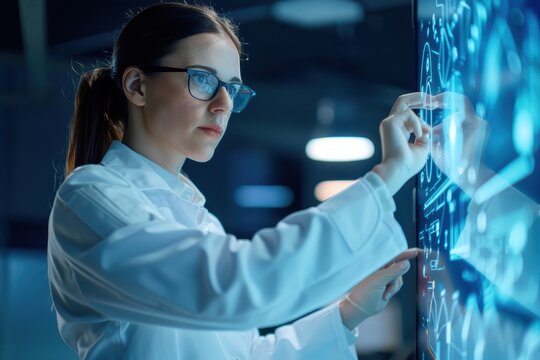 A focused scientist interacts with a digital display, analyzing data in a modern lab setting.