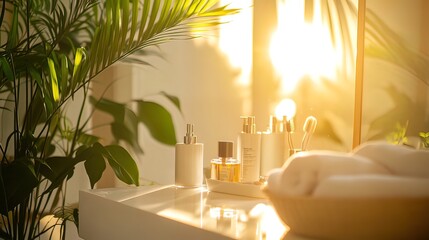 Sunlit bathroom countertop with toiletries, towels, and plants.