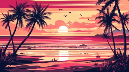 Graphic t-shirt design featuring a beach with palm trees at sunset. A colorful, relaxing scene of a California beach evening for summer vibes.