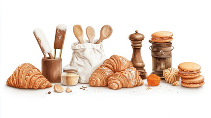 An elegant food-themed illustration of vintage baking tools, cream-colored flour bags, intricate brass spice mills, buttery croissants, and orange macarons. The design features earthy tones like terra