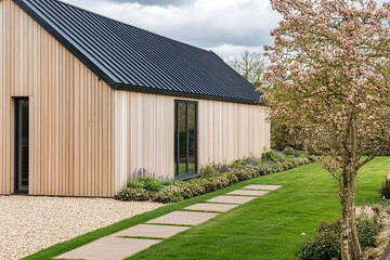 Obraz premium A modern barn-style house with oak cladding and a neutral, contemporary window design. A cozy bench in the garden, surrounded by spring flowers, lush green grass, and a pebble driveway.