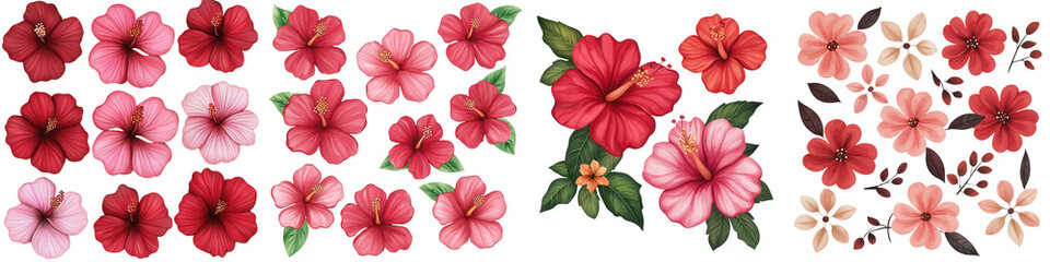 Vibrant hibiscus flowers in various colors and arrangements, perfect for tropical designs, isolated on transparent background.