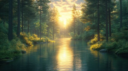 serene forest landscape digital painting vibrant green tranquil river sunlit trees nature