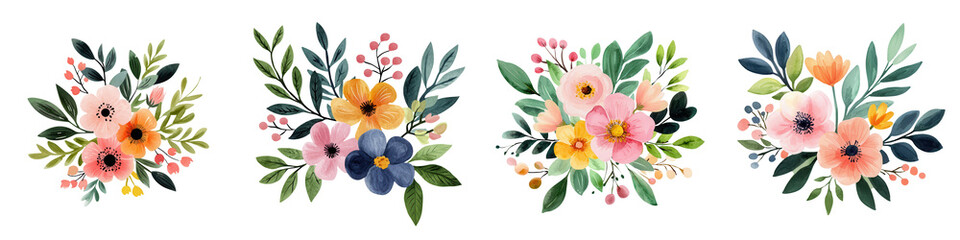 Beautiful watercolor wildflower arrangements with vibrant colors and greenery, isolated on transparent background.