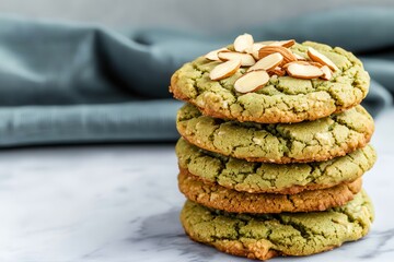 Organic matcha enhances dessert cakes. Green almond cookies stacked on a marble surface.