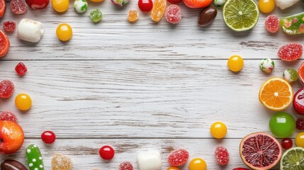 Colorful Assortment of Candies and Fruits Decoratively Arranged on a Wooden Surface for a Vibrant and Sweet Visual Treat