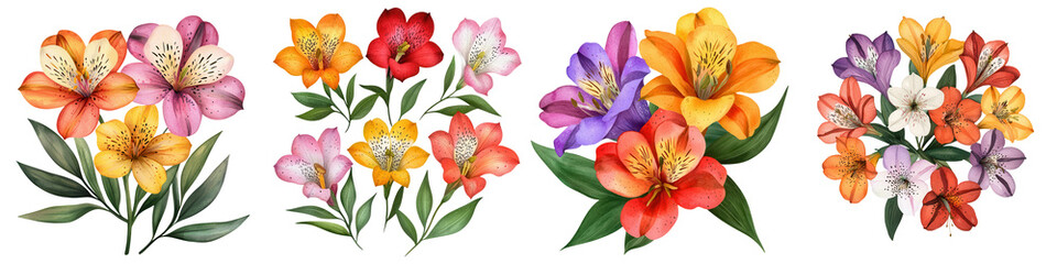 Fototapeta premium Colorful alstroemeria flowers in various arrangements, showcasing beauty and vibrancy, isolated on transparent background.