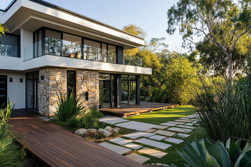 Fototapeta premium A contemporary house in the Hollywood Hills, with stone and wood accents, featuring large windows overlooking the lush green backyard that includes an elegant wooden deck with stone walkways.