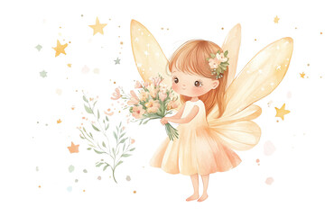 Enchanting Fairy Holding Flowers Amidst Sparkling Stars