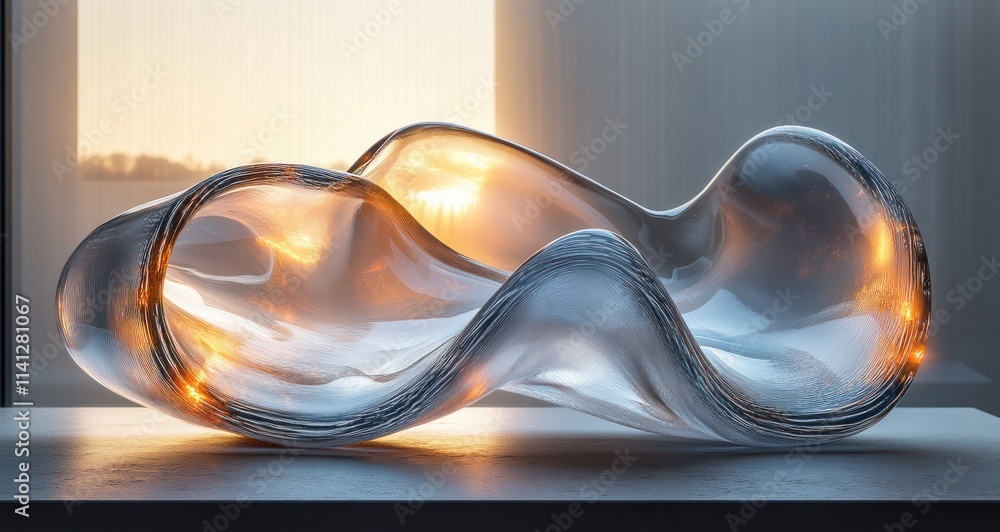 Poster Modern Minimalist Translucent Sculpture Reflecting Light with Curved Lines and Smooth Textures in Soft Gradient Background