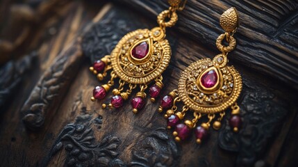 Obraz premium Stunning Gold Elaborate Earrings with Red Gemstones Hanging from Intricate Design on Wooden Background