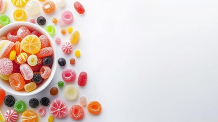 Obraz premium Colorful Assortment of Delicious Candy Spilled from White Bowl on Bright Background with Space for Text and Playful Atmosphere of Sweet Treats