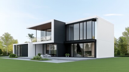 Modern two-story house with large windows and minimalist design.