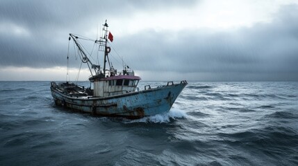 Obraz premium Sea expedition: fishing vessel gliding across waves, symbolizing resilience, allure of aquatic life, timeless tradition of fishing that connects communities with their rich maritime heritage.