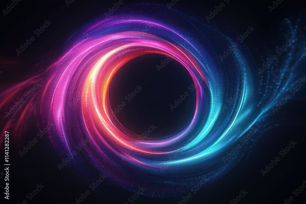 Poster vibrant neon circular wave pattern on dark background dynamic lighting fluid motion energy