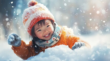 Adorable Asian kid having fun in the park on the snow. 
