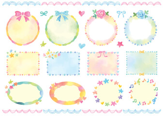 リボンや花のガーリーな飾り付きの水彩フレームセット