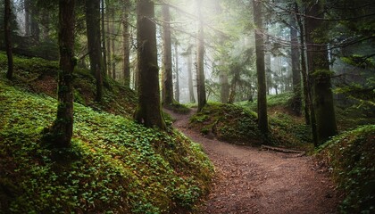Obraz premium Atmospheric forest trail with sunlight filtering through trees creating a serene nature photography scene 