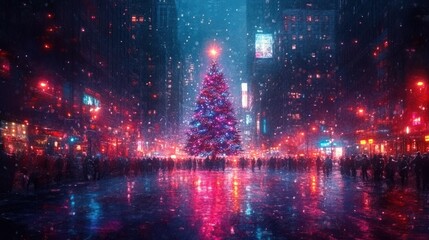 Christmas Tree in Urban Square at Night with Colorful Illumination and Bokeh Lights