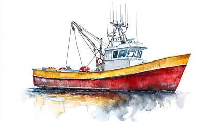 Obraz premium A vibrant fishing boat with red and yellow hues, detailed rigging, lifebuoys, and clean nautical aesthetics. The boat is isolated on a crisp white background, vivid water reflection beneath it. Ultra-