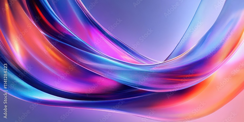 Poster futuristic abstract glass shape with iridescent smooth curved lines and reflections