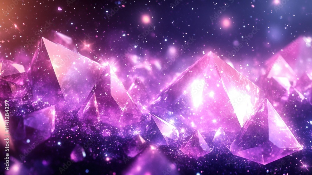 Poster shimmering abstract composition of purple and pink crystals with dynamic triangles and ambient light