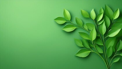 Fototapeta premium Fresh sprig of green ruscus with green leaves on a green color background with copy space 