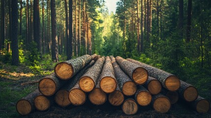 Stacked Logs in a Lush Forest