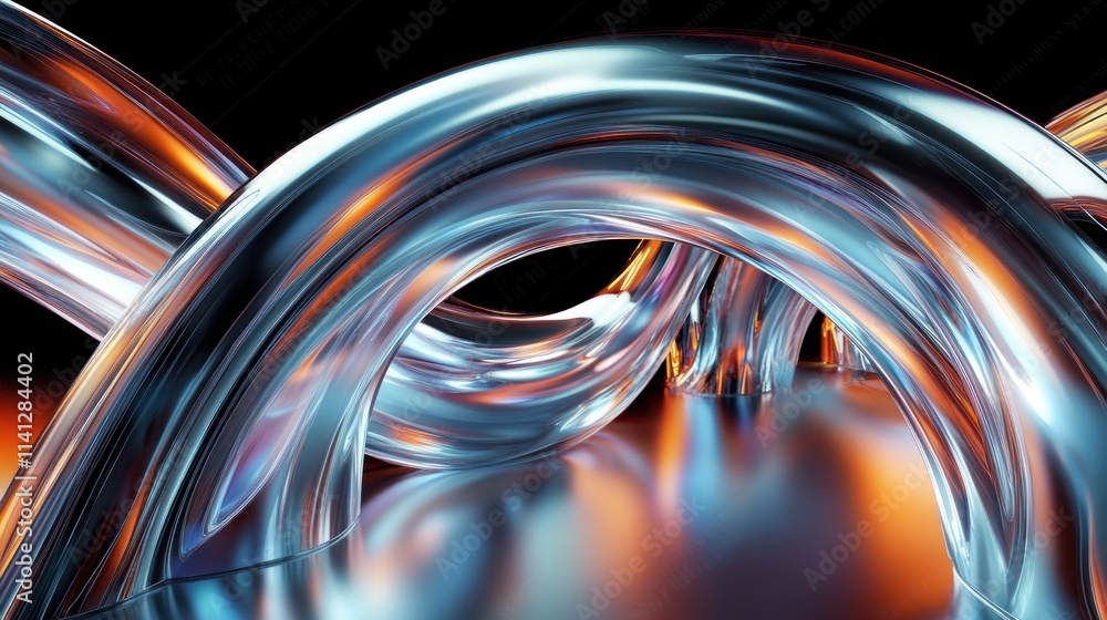 Poster futuristic abstract metallic sculpture with smooth curves and reflections in soft ambient light