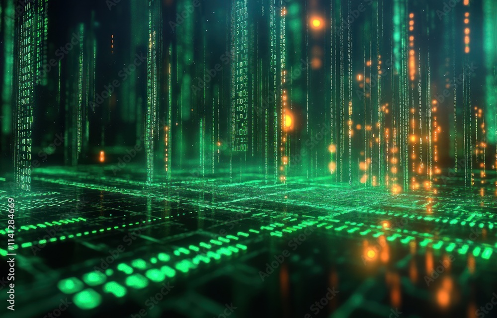 Poster futuristic digital landscape with neon green binary code streaming in cyberpunk aesthetics