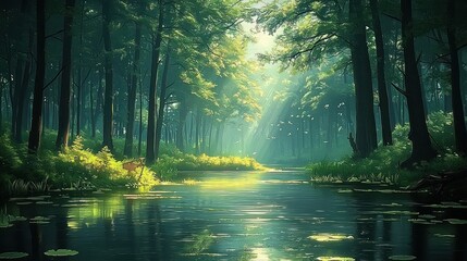 Obraz premium tranquil forest river landscape illustration vibrant nature scene