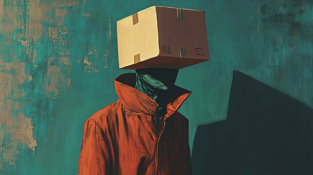 An abstract concept of a picture of a surreal man with an empty box over his head.