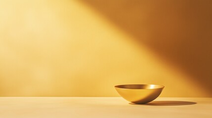 A minimalist golden bowl rests elegantly on a smooth surface, illuminated by soft lighting.