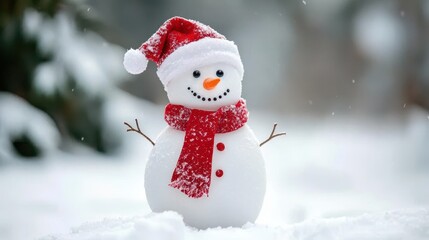 Obraz premium Merry christmas and happy new year greeting card with copy-space.Happy snowman standing in christmas landscape.Snow background.Winter