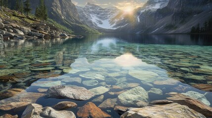 Tranquil Mountain Lake at Sunrise with Clear Water and Colorful Stones Under a Majestic Sky Reflecting in a Serene Wilderness Landscape