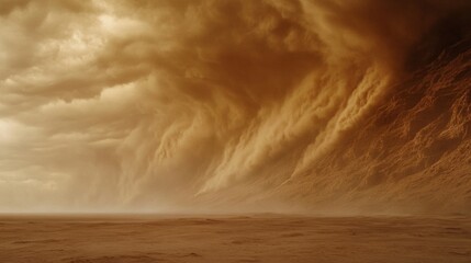 Immense dust storm engulfing a desert landscape under a dramatic, stormy sky.