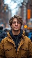 Naklejka premium A young man stands confidently in a bustling urban street, surrounded by blurred pedestrians.