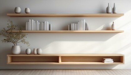 Minimalist white virtual background with an empty wooden bookshelf design
