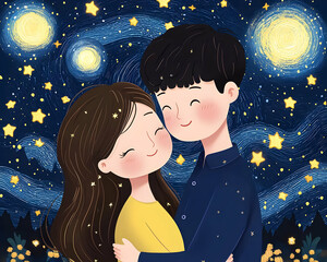 Stargazing Valentine's Day Romance Couple Under Stars Night Sky Whimsical Art