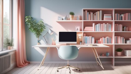 Cozy and bright home office with bookshelves background for professional meetings  
