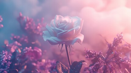 Ethereal Pink Rose Surrounded by Dreamy Blossoms and Atmospheric Clouds in a Soft Color Palette, Perfect for Nature and Floral Aesthetic Themes