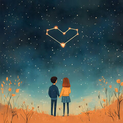 Stargazing Valentine’s Day Romance Couple Night Sky Nature Heart-Shaped Constellation