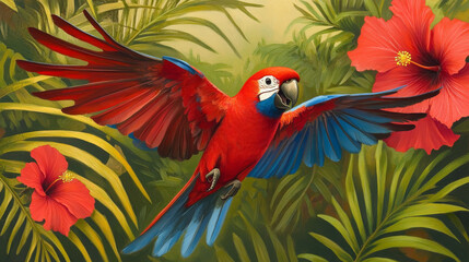 vibrant crimson rosella in flight, showcasing its striking red and blue feathers against lush tropical backdrop with hibiscus flowers. scene evokes sense of freedom and beauty