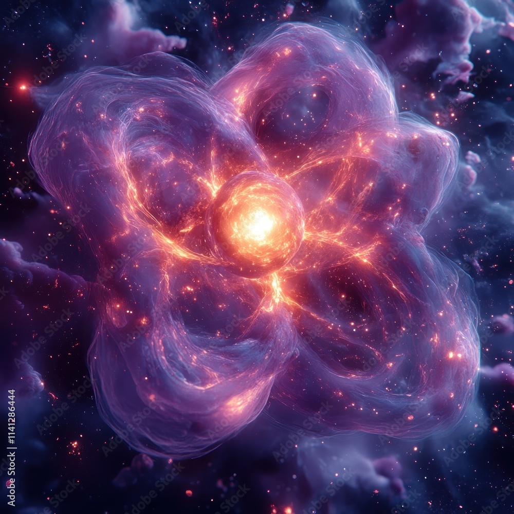 Aufkleber ethereal atom visualization deep purple background luminous particles bright core
